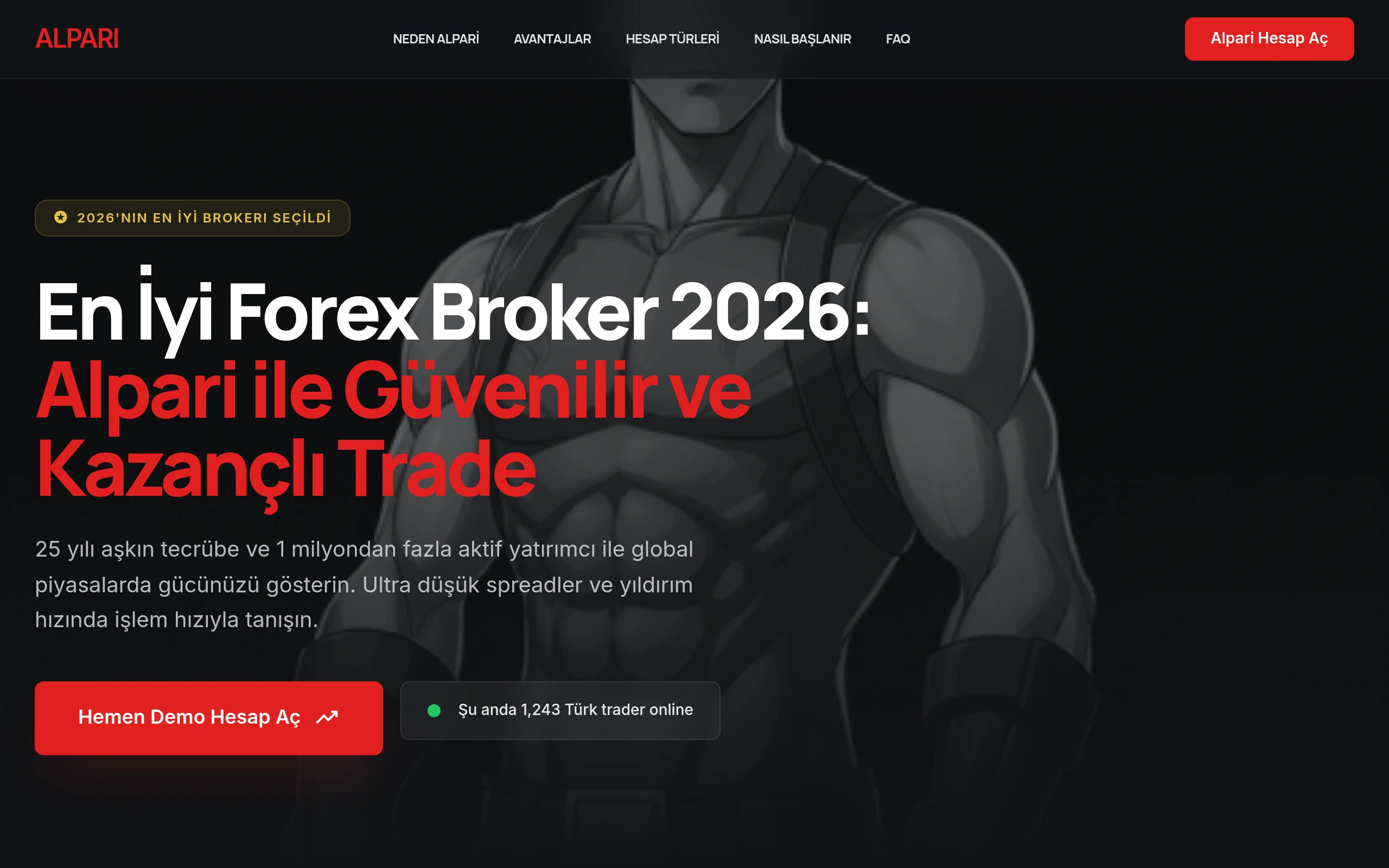 Alpari Turkey forex broker landing page hero section — high-converting design with anime character and bold Turkish typography
